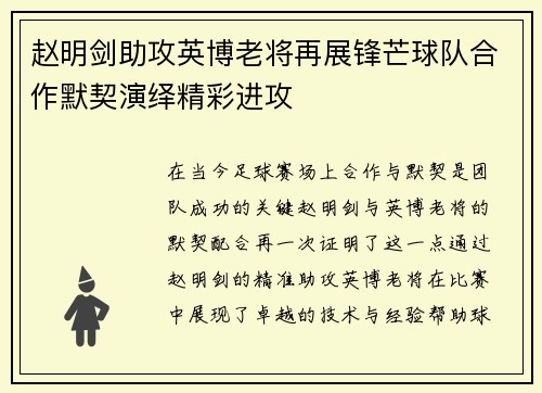 赵明剑助攻英博老将再展锋芒球队合作默契演绎精彩进攻 赵明剑助攻英博老将再展锋芒球队合作默契演绎精彩进攻